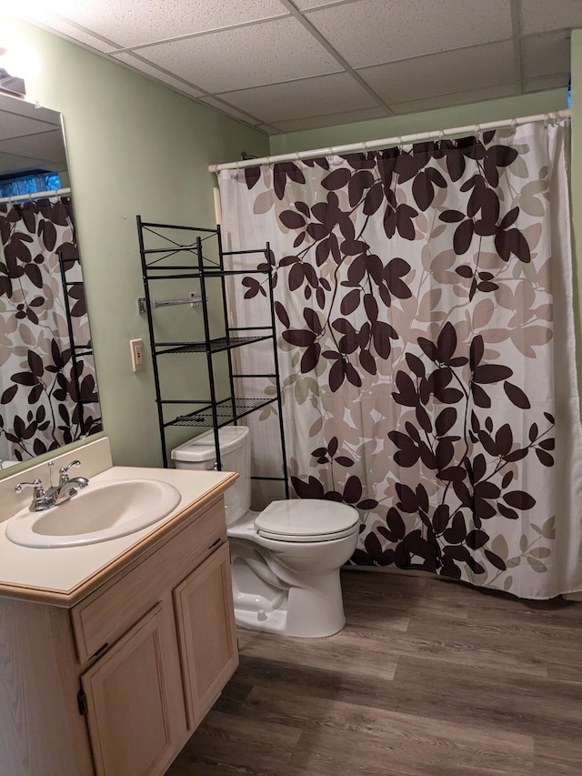 5813 Thada Ln, Columbus, OH 43229 - bathroom featuring vanity, a paneled ceiling, wood finished floors, and curtained shower