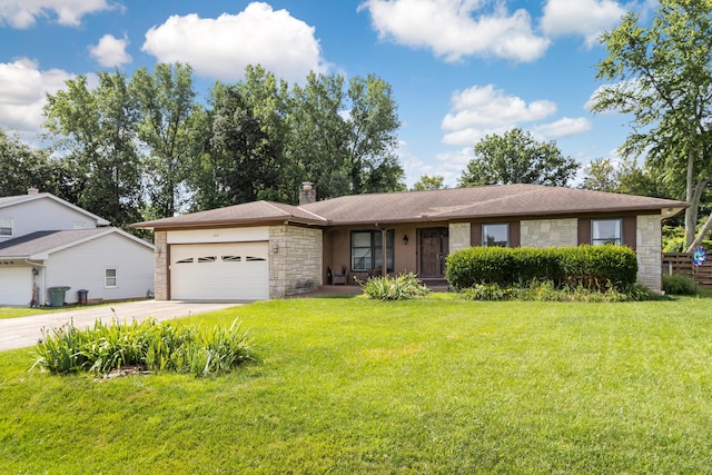 2635 Youngs Grove Rd, Columbus, OH 43231 - single story home with stone siding, an attached garage, concrete driveway, and a front lawn