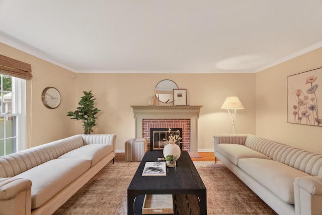 4368 Airendel Ct, Columbus, OH 43220 - living area featuring ornamental molding, wood finished floors, and a fireplace