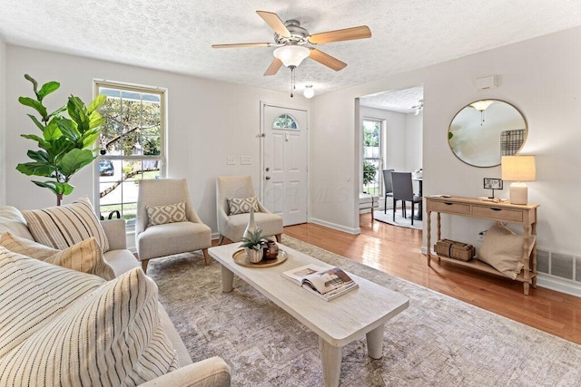 3155 El Greco Dr, Columbus, OH 43204 - living room with plenty of natural light, wood finished floors, a textured ceiling, and ceiling fan