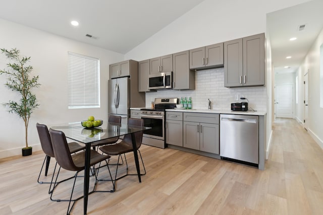 875 Bellows Ave, Columbus, OH 43223 - kitchen featuring stainless steel appliances, gray cabinetry, tasteful backsplash, light wood-type flooring, and light countertops