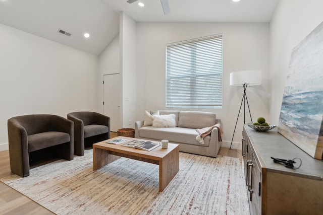 875 Bellows Ave, Columbus, OH 43223 - living room with light wood-style floors, ceiling fan, recessed lighting, and high vaulted ceiling