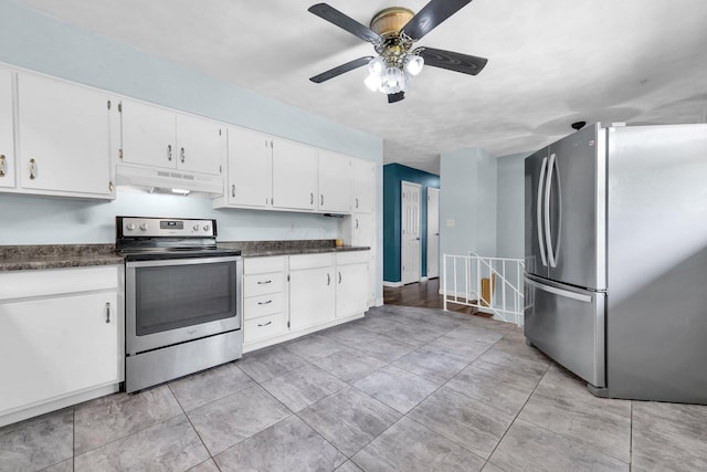 1293 Gresham Rd, Columbus, OH 43204 - kitchen with appliances with stainless steel finishes, under cabinet range hood, dark countertops, ceiling fan, and white cabinetry