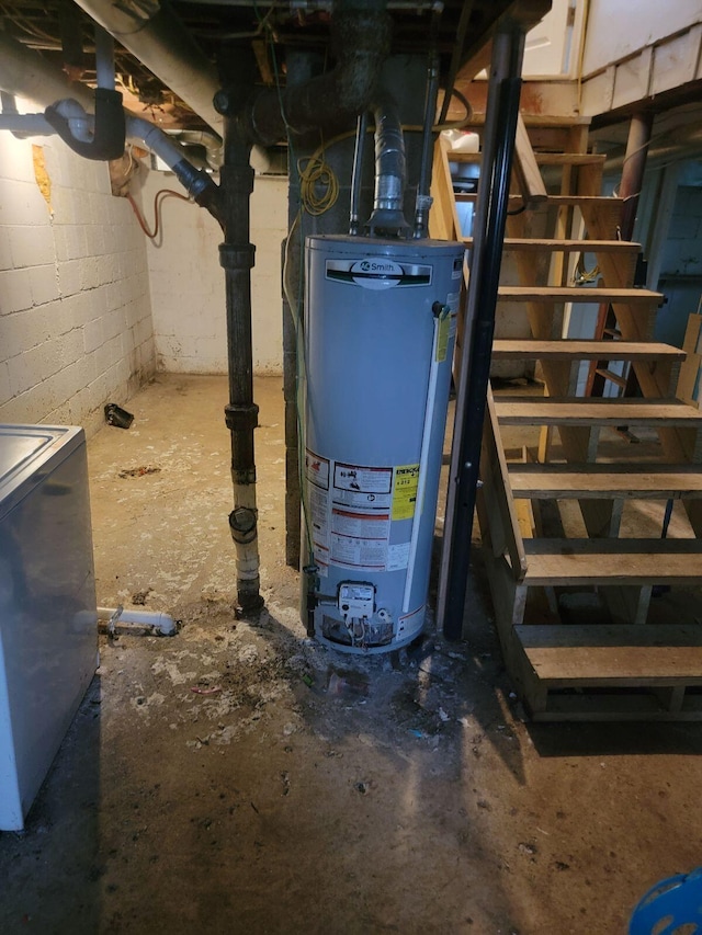 1922 Gault St, Columbus, OH 43205 - unfinished basement with gas water heater, stairs, washer / dryer, and concrete block wall