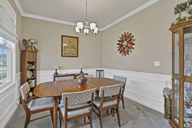 7250 Konold Ct, Canal Winchester, OH 43110 - dining room with carpet floors, ornamental molding, a chandelier, wainscoting, and a decorative wall