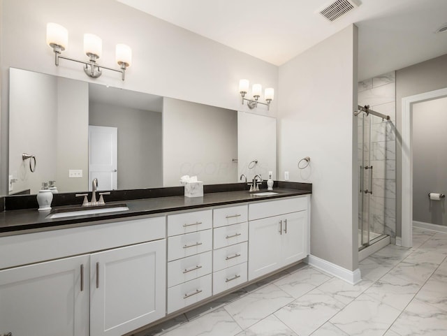 5285 Highpointe Lakes Dr Unit 201, Westerville, OH 43081 - full bathroom with marble look tiles, a shower stall, and double vanity