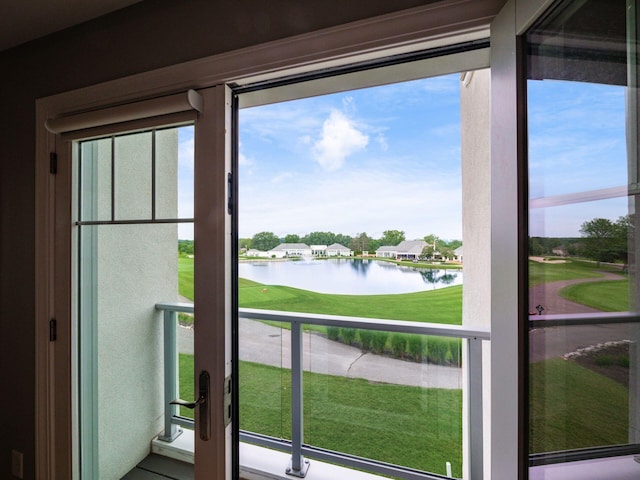 5285 Highpointe Lakes Dr Unit 201, Westerville, OH 43081 - doorway with a water view, healthy amount of natural light, and golf course view