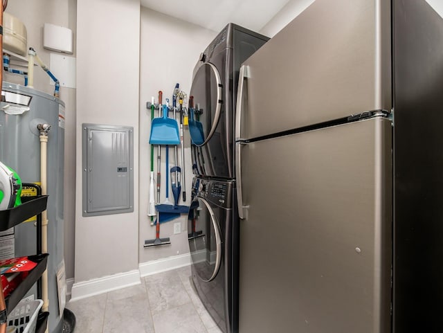 5285 Highpointe Lakes Dr Unit 201, Westerville, OH 43081 - laundry room featuring estacked washer and dryer, strapped water heater, and electric panel
