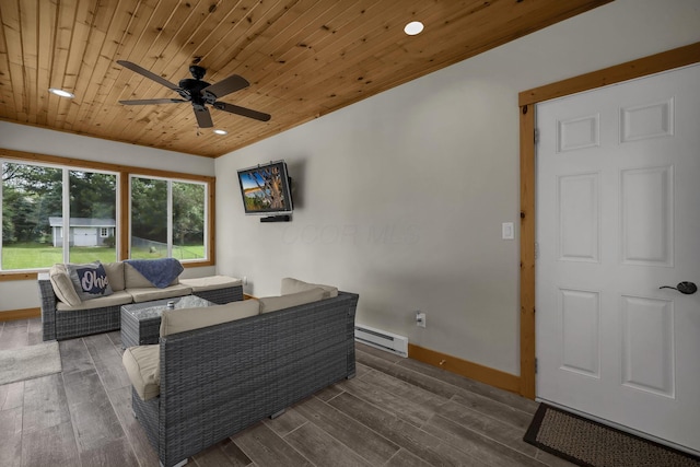 2579 Wickliffe Rd, Columbus, OH 43221 - living area with a baseboard heating unit, a ceiling fan, wood ceiling, wood finished floors, and recessed lighting