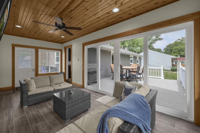 2579 Wickliffe Rd, Columbus, OH 43221 - living area featuring a ceiling fan, wooden ceiling, wood finished floors, and recessed lighting