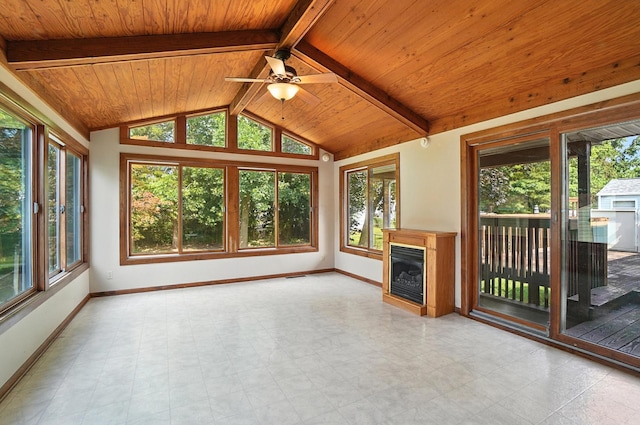 4143 Jonquil St, Columbus, OH 43224 - unfurnished living room with a glass covered fireplace, wood ceiling, healthy amount of natural light, and a ceiling fan