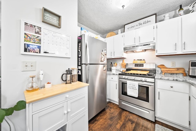 8194 Baltimore Ave Unit 6E, Westerville, OH 43081 - kitchen featuring appliances with stainless steel finishes, under cabinet range hood, light countertops, dark wood finished floors, and white cabinetry