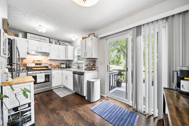 8194 Baltimore Ave Unit 6E, Westerville, OH 43081 - kitchen with appliances with stainless steel finishes, under cabinet range hood, dark wood finished floors, white cabinets, and a textured ceiling