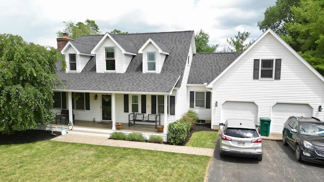 268 Clayburne Blvd, Chillicothe, OH 45601 - cape cod home featuring covered porch, a shingled roof, asphalt driveway, a front yard, and a garage