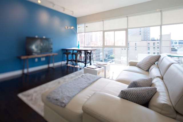 100 E Gay St Unit 804, Columbus, OH 43215 - living room with rail lighting and a city view