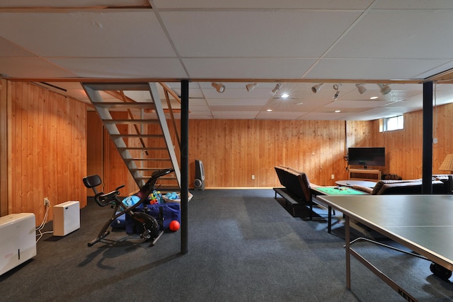 3808 Peak Ridge Dr, Columbus, OH 43230 - recreation room featuring wooden walls, a drop ceiling, and dark carpet