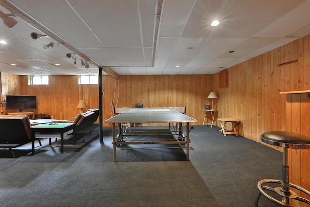3808 Peak Ridge Dr, Columbus, OH 43230 - rec room featuring wood walls, carpet, and a paneled ceiling