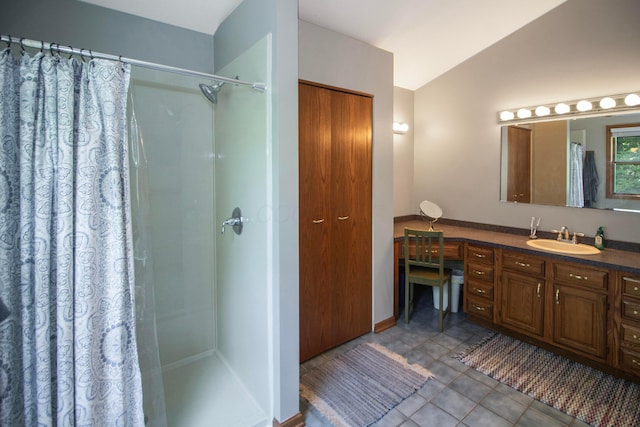 7740 Gale Rd SW, Hebron, OH 43025 - full bathroom featuring a shower with curtain, vanity, tile patterned floors, and lofted ceiling