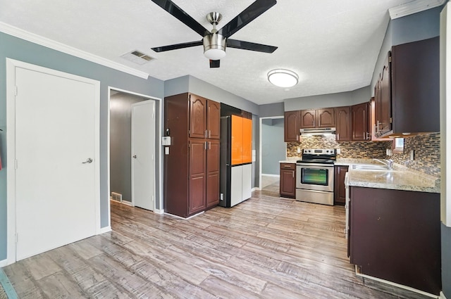 2605 Bella Via Ave, Columbus, OH 43231 - kitchen with stainless steel range with electric cooktop, under cabinet range hood, ceiling fan, backsplash, and light wood finished floors
