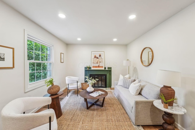 527 N Columbia Ave, Bexley, OH 43209 - living room featuring recessed lighting, a brick fireplace, and wood finished floors