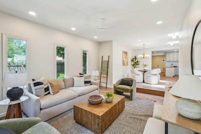 527 N Columbia Ave, Bexley, OH 43209 - living area with recessed lighting, light wood finished floors, a chandelier, and a ceiling fan