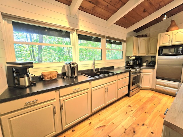 82 Lodge Ln, Hide A Way Hills, OH 43107 - kitchen with stainless steel electric range, black microwave, wood ceiling, light wood finished floors, and dark countertops