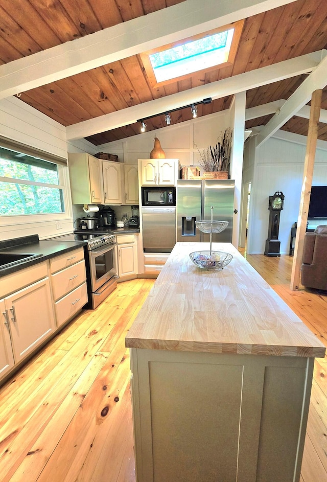 82 Lodge Ln, Hide A Way Hills, OH 43107 - kitchen featuring appliances with stainless steel finishes, a skylight, light wood-style floors, wooden ceiling, and a center island
