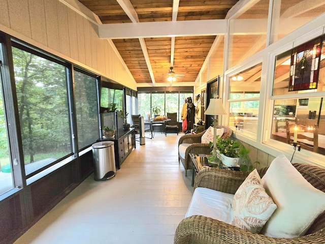 82 Lodge Ln, Hide A Way Hills, OH 43107 - sunroom with wooden ceiling, a ceiling fan, hardwood / wood-style flooring, and wooden walls