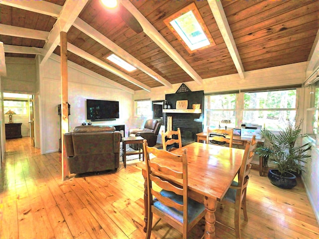 82 Lodge Ln, Hide A Way Hills, OH 43107 - dining room featuring light wood-type flooring, a skylight, a fireplace, and wood ceiling