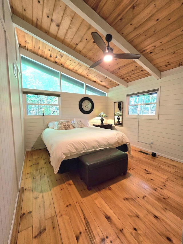 82 Lodge Ln, Hide A Way Hills, OH 43107 - bedroom featuring light wood-type flooring, wooden walls, and wood ceiling