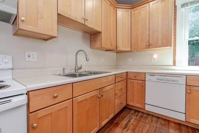 1366 S 4th St, Columbus, OH 43207 - kitchen with white appliances, light brown cabinets, dark wood finished floors, light countertops, and ventilation hood