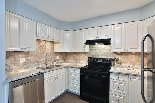 1820 Willoway Cir S, Columbus, OH 43220 - kitchen featuring black / electric stove, dishwasher, under cabinet range hood, and white cabinetry