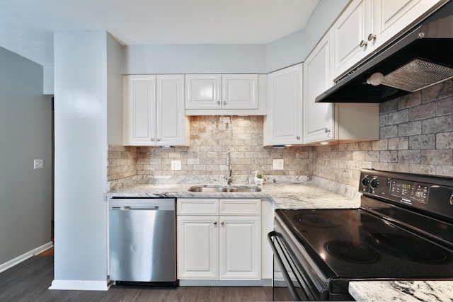 1820 Willoway Cir S, Columbus, OH 43220 - kitchen featuring electric range, stainless steel dishwasher, under cabinet range hood, dark wood finished floors, and tasteful backsplash