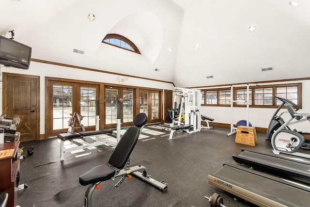 6065 Craughwell Ln, Dublin, OH 43017 - gym featuring french doors, high vaulted ceiling, and recessed lighting