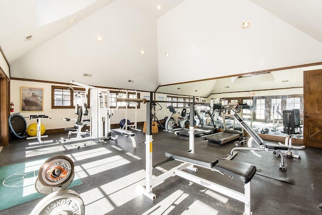 6065 Craughwell Ln, Dublin, OH 43017 - exercise room featuring high vaulted ceiling, healthy amount of natural light, and recessed lighting