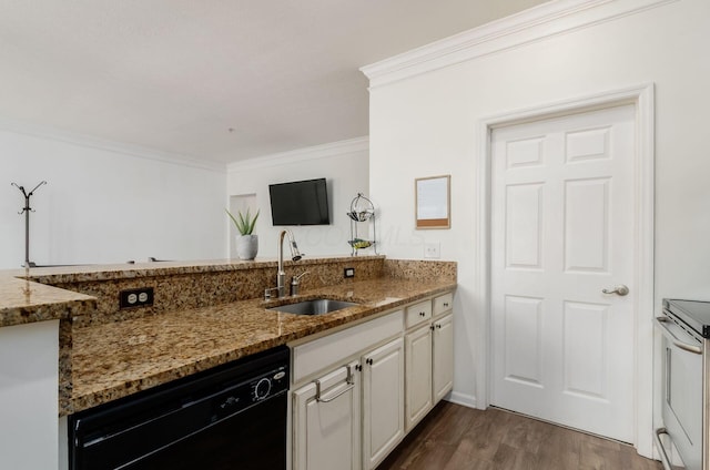 6065 Craughwell Ln, Dublin, OH 43017 - kitchen featuring black dishwasher, stone counters, crown molding, dark wood-style floors, and white cabinets