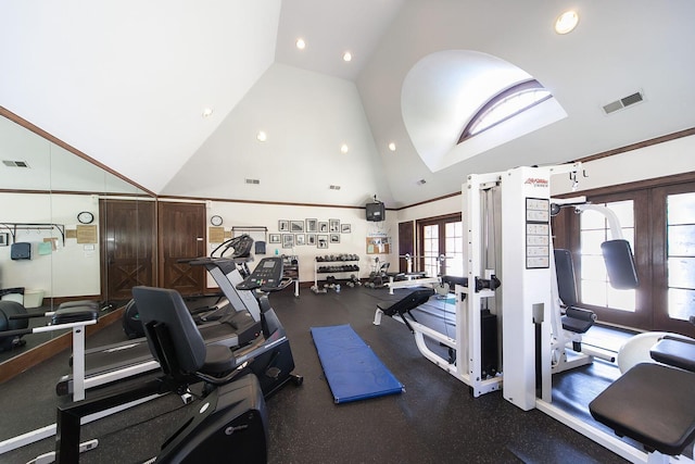 6065 Craughwell Ln, Dublin, OH 43017 - gym with french doors, recessed lighting, and high vaulted ceiling