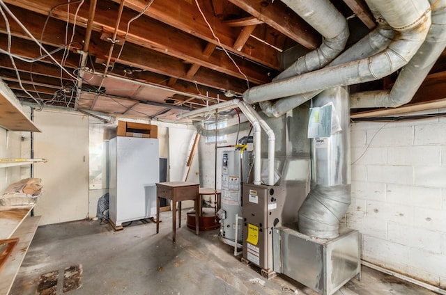 178 S Weyant Ave, Columbus, OH 43213 - unfinished basement featuring water heater, freestanding refrigerator, and heating unit