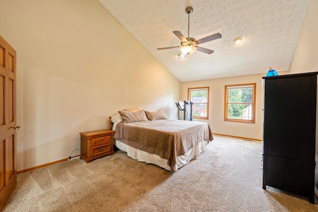 175 Academy Woods Dr, Columbus, OH 43230 - bedroom with light carpet, a textured ceiling, a ceiling fan, and high vaulted ceiling