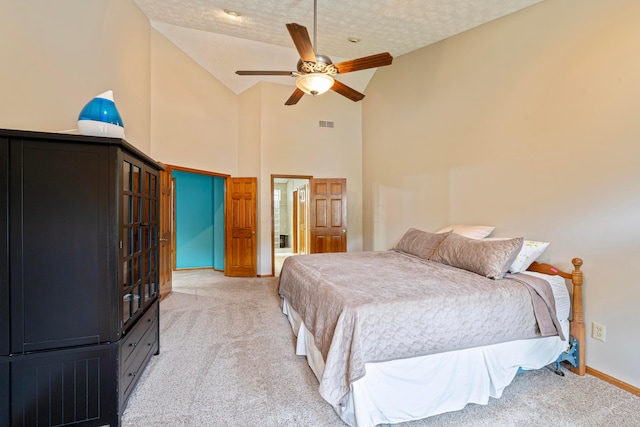 175 Academy Woods Dr, Columbus, OH 43230 - bedroom with light carpet, high vaulted ceiling, and ceiling fan