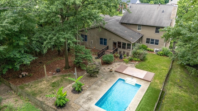 175 Academy Woods Dr, Columbus, OH 43230 - back of property featuring a chimney, a shingled roof, a patio area, stairway, and a wooden deck