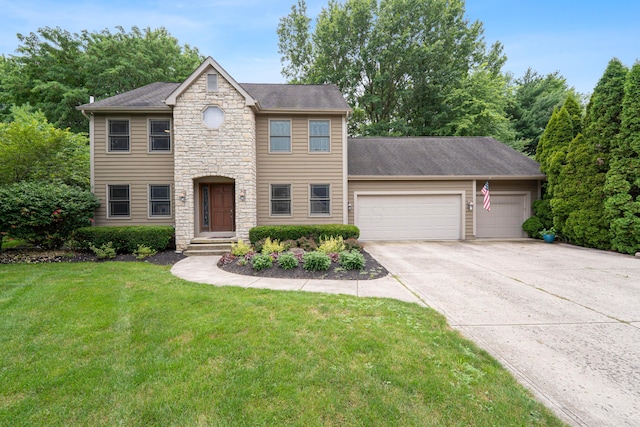 175 Academy Woods Dr, Columbus, OH 43230 - view of front of house with stone siding, a garage, concrete driveway, and a front yard
