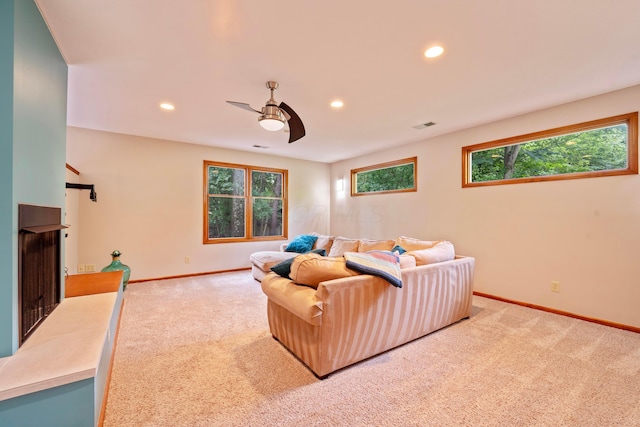 175 Academy Woods Dr, Columbus, OH 43230 - living area with carpet, recessed lighting, and a ceiling fan