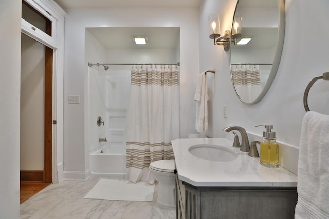 398 W 5th Ave, Columbus, OH 43201 - bathroom featuring vanity, marble look tile flooring, and shower / tub combo with curtain