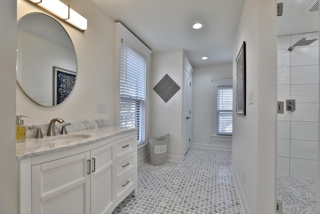 398 W 5th Ave, Columbus, OH 43201 - full bath with vanity, a shower stall, recessed lighting, and tile patterned floors