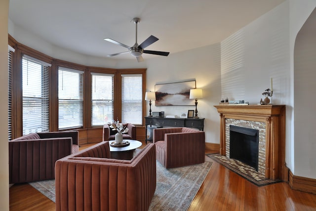 398 W 5th Ave, Columbus, OH 43201 - office area with a ceiling fan, healthy amount of natural light, a tile fireplace, and wood finished floors