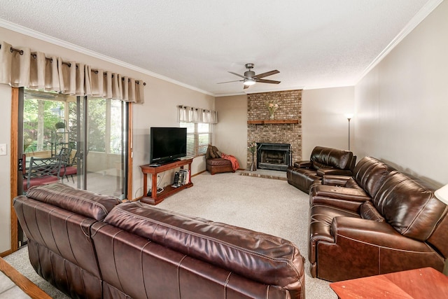 4224 Eagle Head Dr, Columbus, OH 43230 - living area with carpet, a ceiling fan, crown molding, a brick fireplace, and a textured ceiling