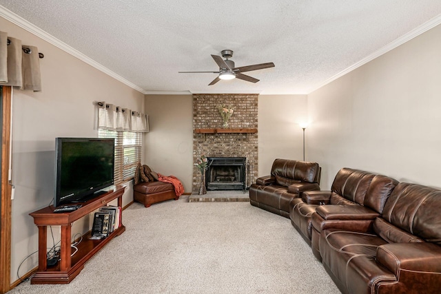 4224 Eagle Head Dr, Columbus, OH 43230 - living room with a ceiling fan, crown molding, carpet floors, a fireplace, and a textured ceiling