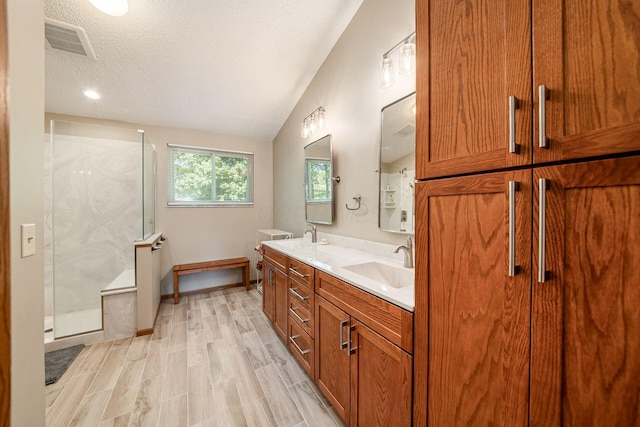4224 Eagle Head Dr, Columbus, OH 43230 - full bathroom with a stall shower, double vanity, lofted ceiling, a textured ceiling, and wood finished floors