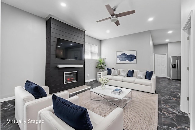 1612 Cole St, Columbus, OH 43205 - living room featuring ceiling fan, dark marble finish floors, a large fireplace, and recessed lighting